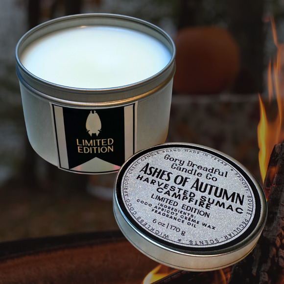 Ashes of Autumn Wickless Candle Tin:  Harvested Sumac Campfire Scent - Picture 3 of 5